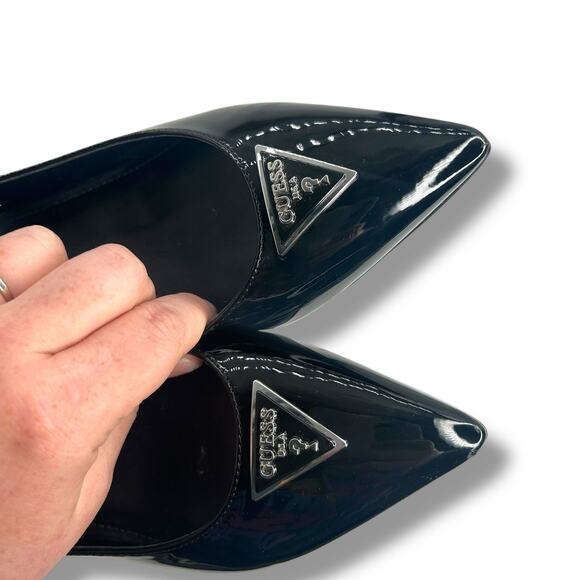 GUESS Zanda Slingback Block Heel Pumps Black Patent Size 7.5 Pointy Toe Heels - Picture 3 of 12